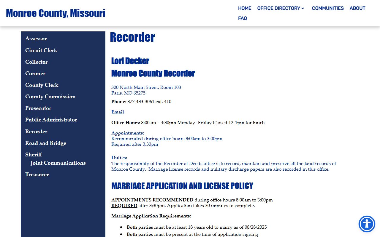 Monroe County court records Recorder marriage and copy information